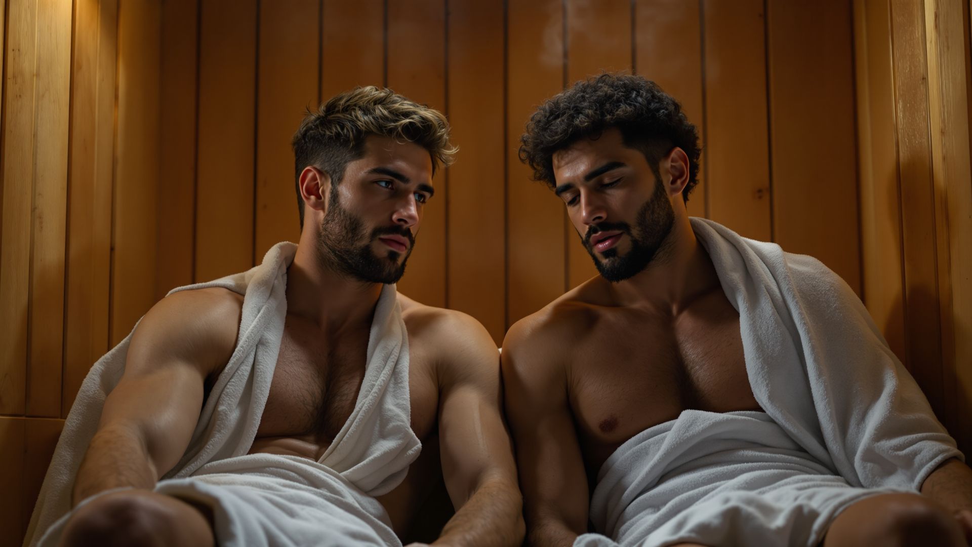 Sauna gay Firenze: interno di una sauna con luce ambrata