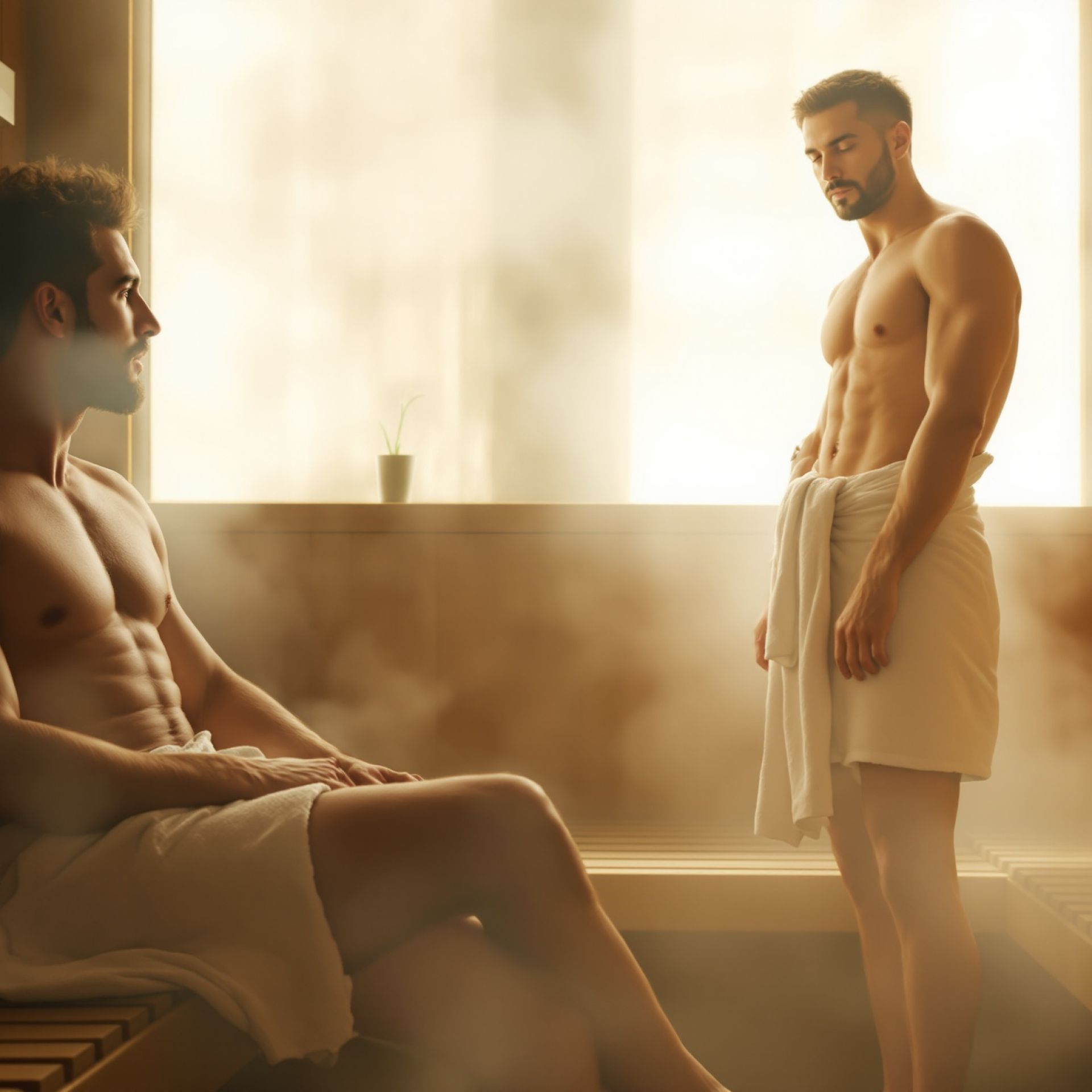Sauna gay Roma: due uomini nella stanza vapore di ottobre
