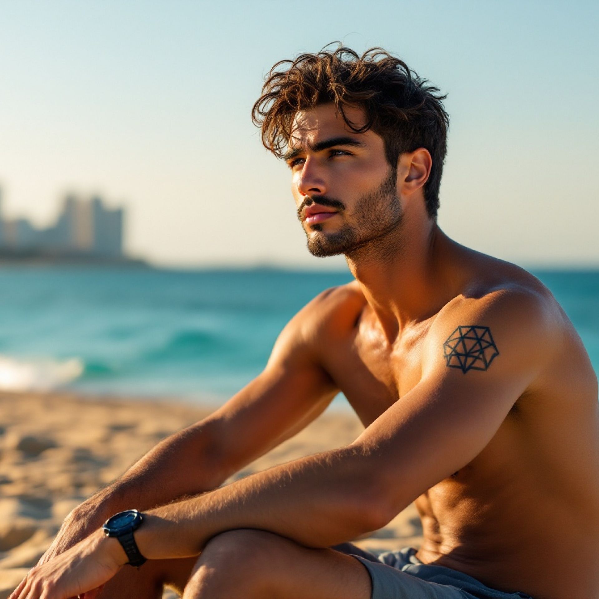 Tommaso sulla spiaggia gay di Hilton Beach a Tel Aviv, Mediterraneo al tramonto