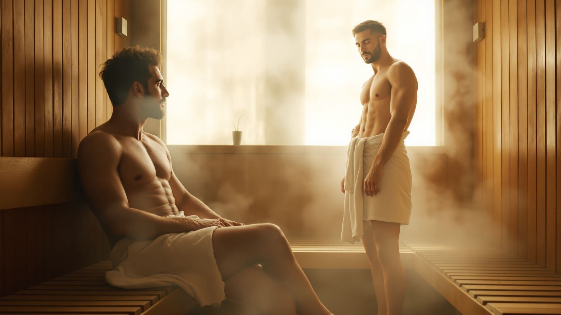 Sauna gay Roma: due uomini nella stanza vapore di ottobre