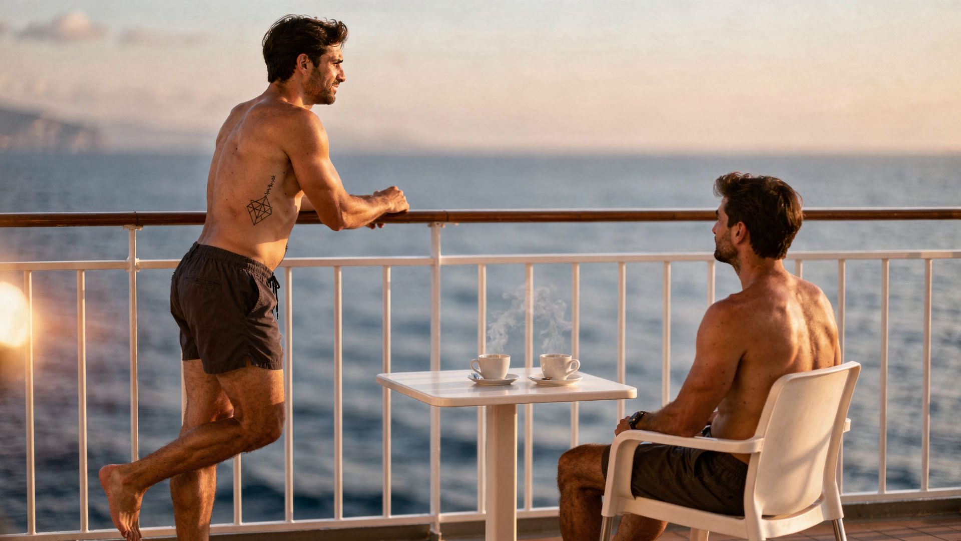 Crociera gay Mediterraneo: Tommaso e Riccardo sul balcone della cabina all'alba
